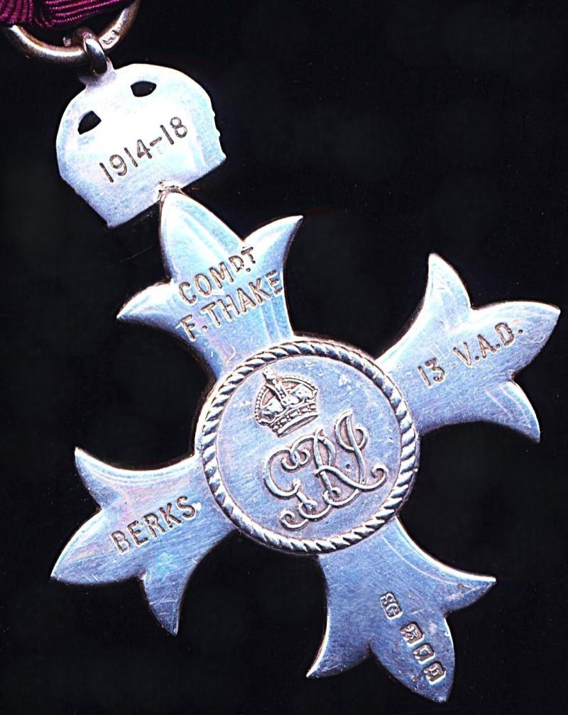 The Most Excellent Order of the British Empire (Civil Division). 5th Class Member’s (M.B.E.) 1st type breast badge. Silver, the reverse contemporarily engraved named (1914-18 Comdt. F. Thake Berks 13 V.A.D.)