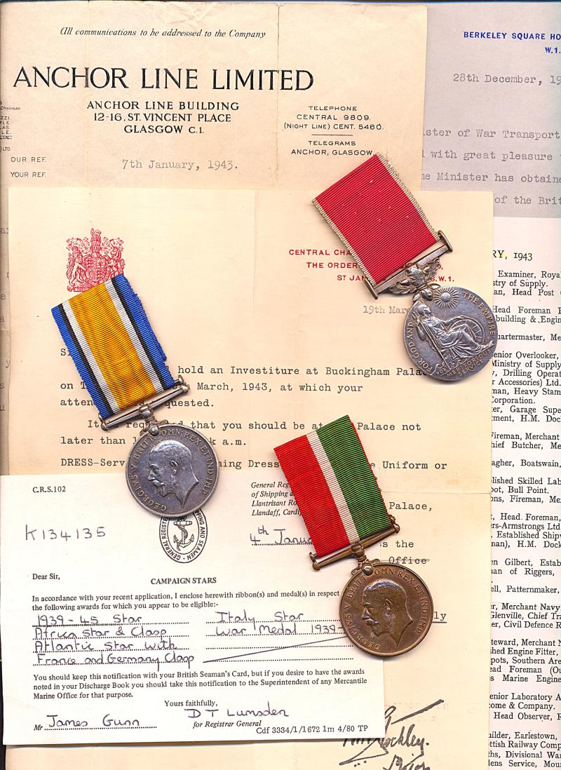 A Shetland Islander From A Patriotic Family & Survivor of a Luftwaffe Aerial Torpedo Attack, World Wars Meritorious & Campaign Service Medal Group of 3: Boatswain James Gunn, late S.S. Cameronia