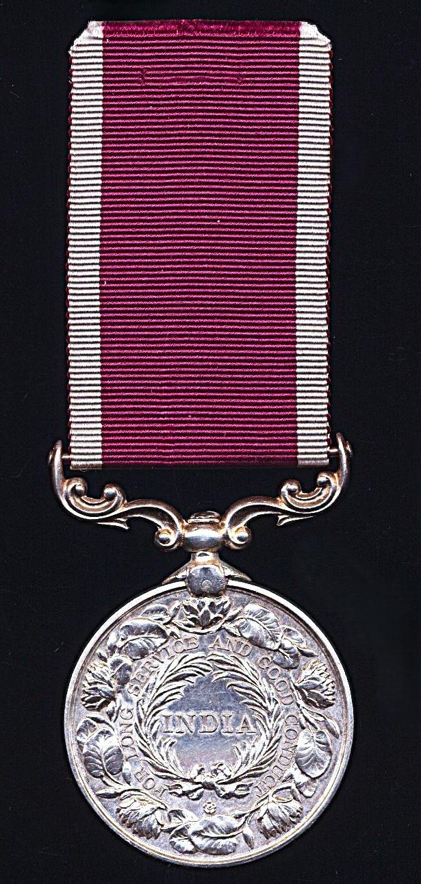India Long Service and Good Conduct Medal. GV first type with Kaisar-i-Hind' obverse legend (10170 L-Daf. Amir Ullah, Khan, 15 Lrs.)