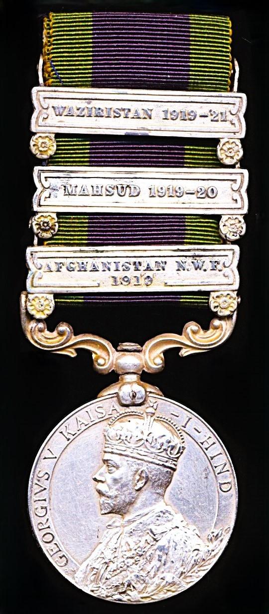 India General Service Medal 1908. GV first type silver issue with 3 x clasps 'Afghanistan N.W.F. 1919', 'Mahsud 1919-20' & 'Waziristan 1919-21' (BXU-2 Clerk Khan Bhatia, S & T.C. )