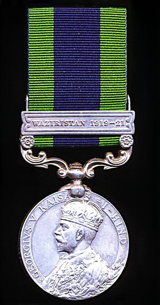 India General Service Medal 1908-1935. GV 1st type silver issue with clasp 'Waziristan 1919-21' (2858 Sepoy Karam Dad, 28 Pjbis.)