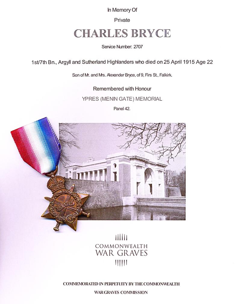 1914-15 Star (2707 Pte. C. Bryce. A. & S. Highrs.)