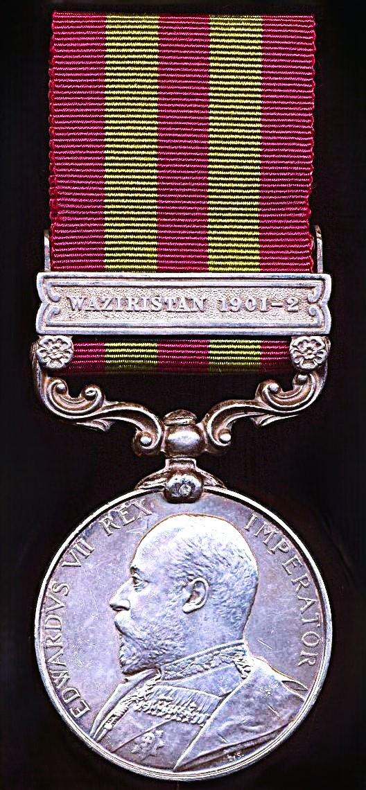 India General Service Medal 1895-1902. Edward obverse. Silver issue, with clasp 'Waziristan 1901-02' (36 Gunr. Pir Baktish Gujrat Mtn By)