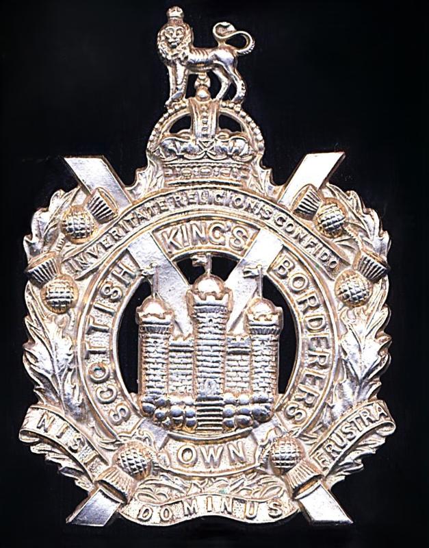 King's Own Scottish Borderers. Cap Badge. Kings Crown in white-metal. Circa 1902-1952