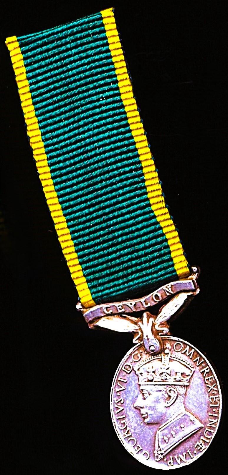 Ceylon Colony: Efficiency Medal. GVI obverse 1st type  (1937-1947). With 'Ceylon' bar. Miniature Medal