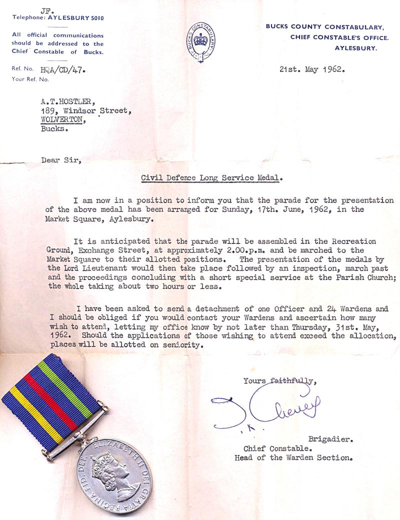 Civil Defence Medal. United Kingdom 'Home' issue reverse. Positively attributed to Section Warden Arthur T. Hostler, Civil Defence Corps (Wolverton District, Buckinghamshire)