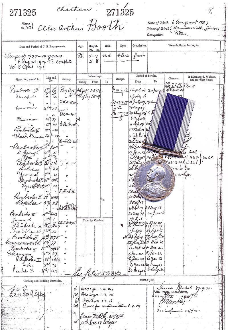 Naval Long Service & Good Conduct Medal. GV 1st issue (271325 E. A. Booth. C.E.R.A. 2Cl. H.M.A.S. Commonwealth.)