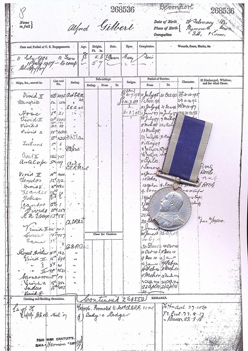 Naval Long Service & Good Conduct Medal. EDVII issue (268536 Alfred Gilbert, C.E.R.A.1Cl, H.M.S. Tamar.)