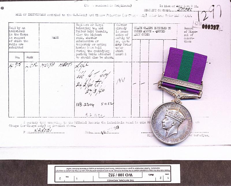 General Service Medal 1918-62. GVI second issue with clasp 'Palestine 1945-48' (41915 Pte. Muiya. Niboti. E.A.A.S.C.)