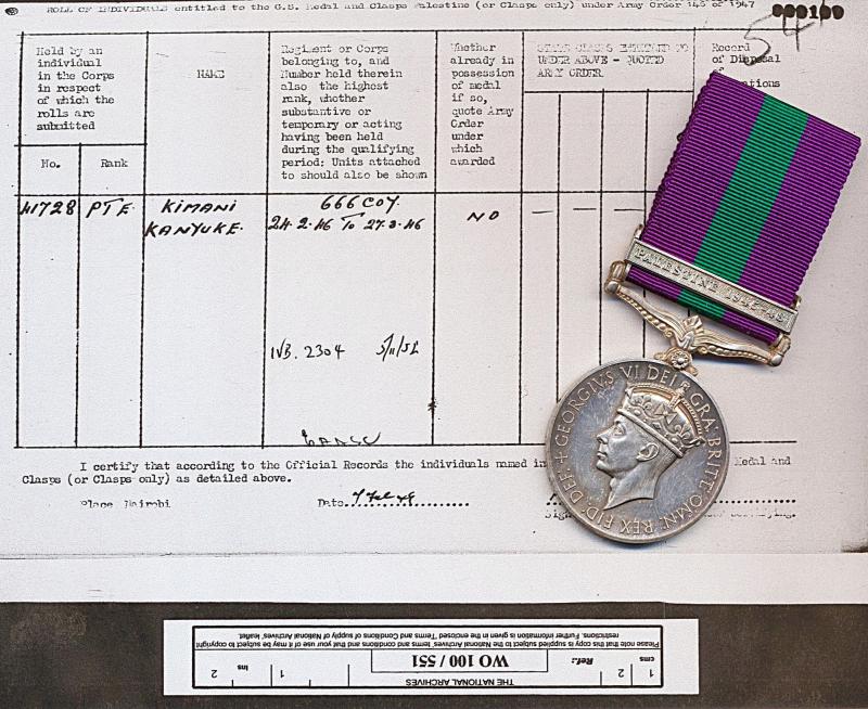 General Service 1918-62, GVI 2nd issue with clasp 'Palestine 1945-48' (41728 Pte. Kimani Kanyuke. E.A.A.S.C.)