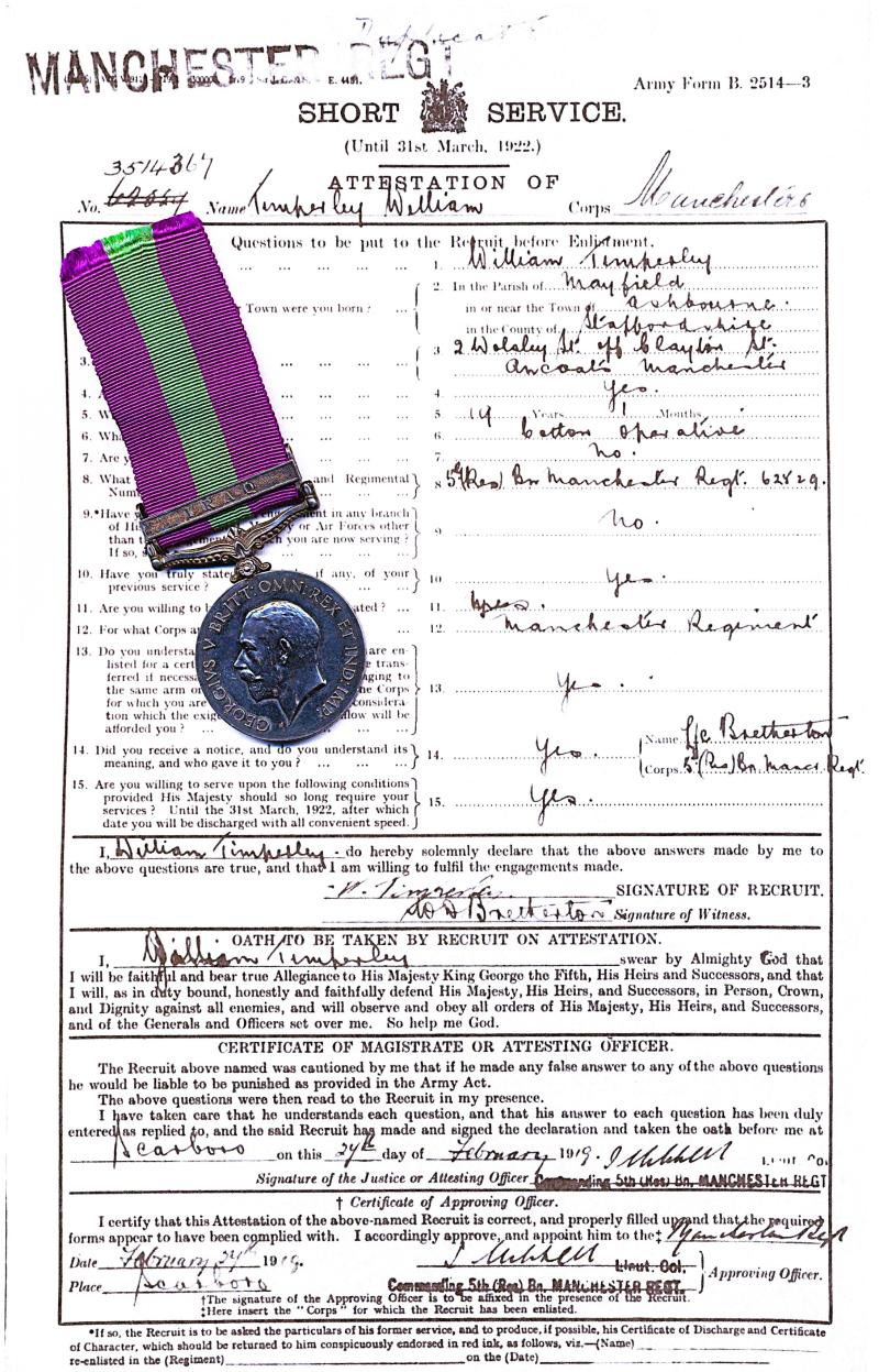General Service Medal 1918-62. GV first issue with clasp 'Iraq' (62529 Pte. W. Timperley, Manchester Regt.)