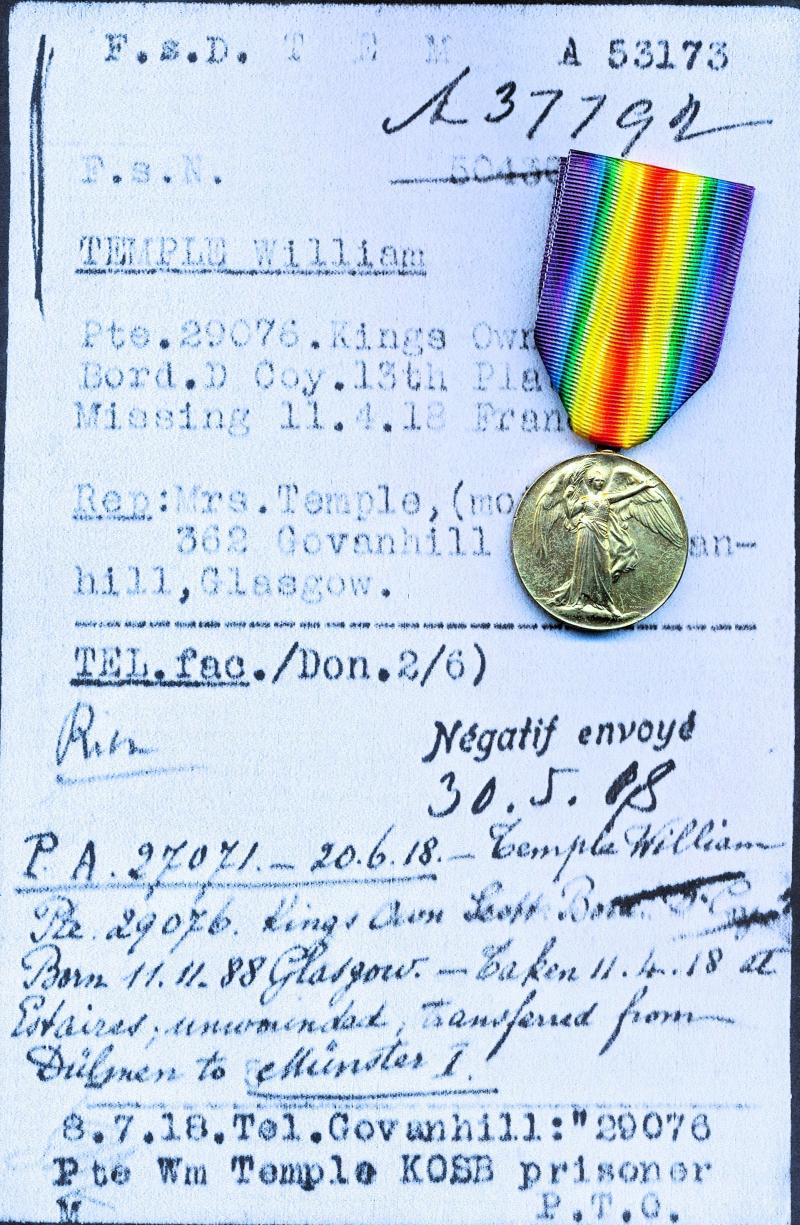 Interallied Victory Medal (29076 Pte. W. Temple. K. O. Sco. Bord.)