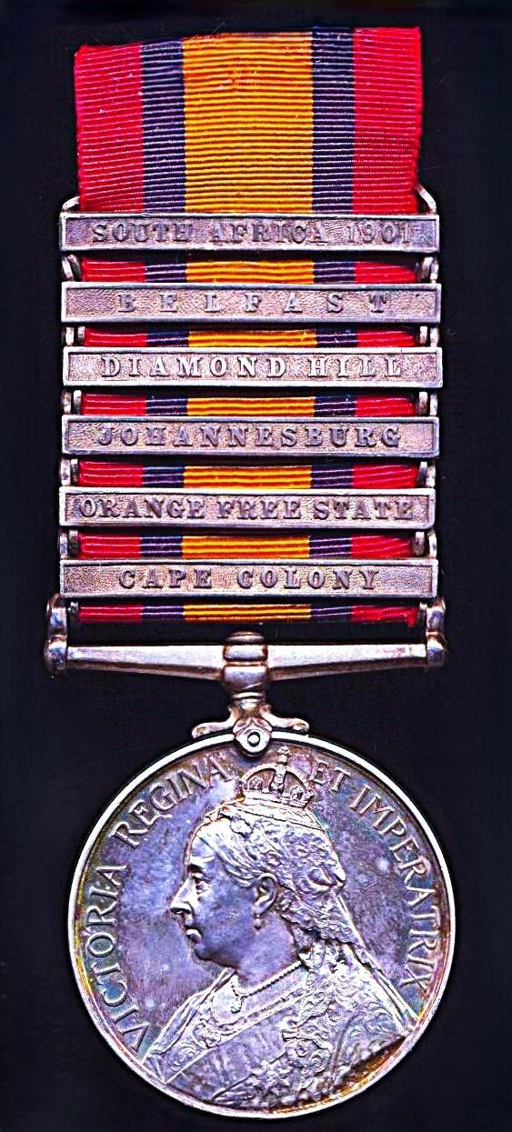 Queen’s South Africa Medal 1899-1902. Silver issue with 6 x clasps, 'Cape Colony', 'Orange Free State', 'Johannesburg', 'Diamond Hill', 'Belfast' & 'South Africa 1901' (25637 Sapr T.J. Gallagher. Rl: Engineers.)