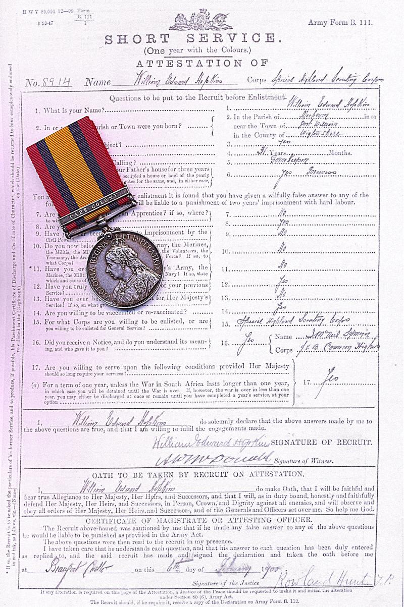 Queens South Africa Medal. Silver issue & clasp 'Cape Colony' (8914 Pte W. E. Hopkins. Lovat's Scouts)