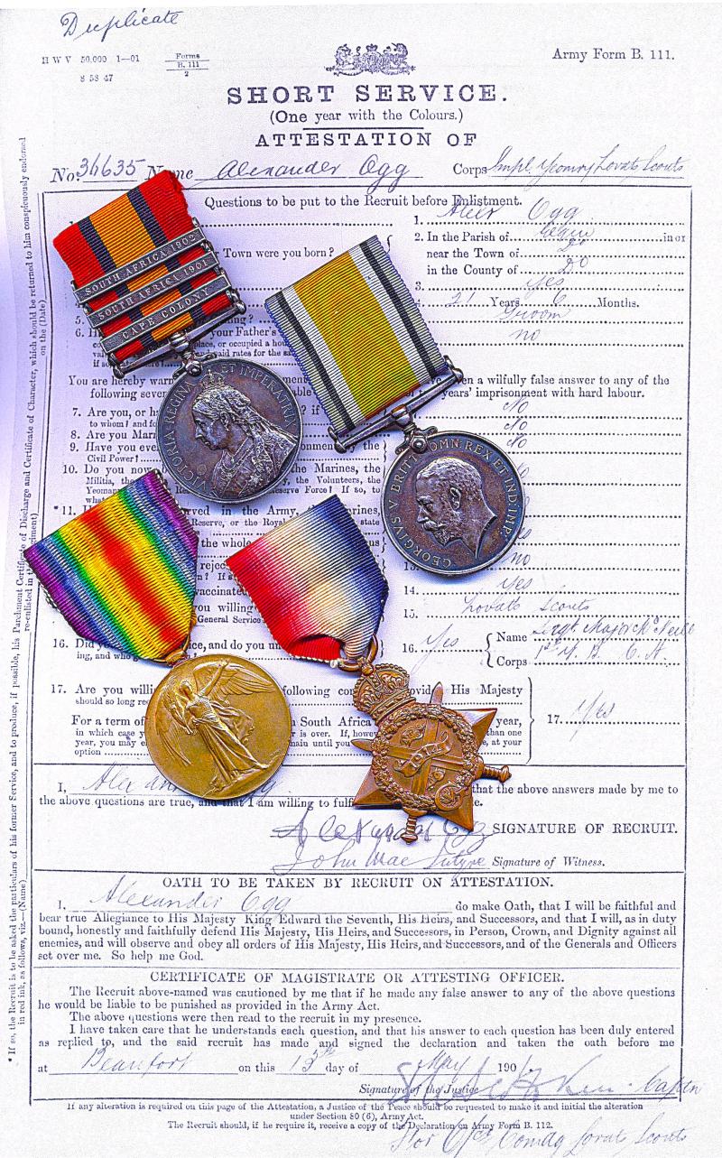 A campaign medal group of 4 to a former Lovat Scout and later 'Old Contemptible' who served in the South African War & Great War: Driver Alexander Ogg, 4th Division Ammunition Column, Royal Field Artillery late Lovat Scouts