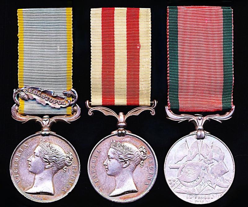 A Cavalryman's Crimean War & Indian Mutiny campaign medal group of 3: Private George Dyer, 6th Dragoon Guards (Carabineers)