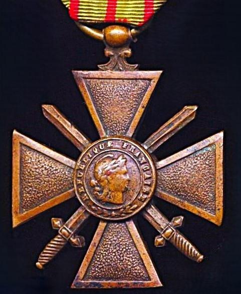 France: Cross of War 1914-1915 (Croix De Guerre 1914-1915). With 2 x Citation emblems (1 x Bronze Palm & Silver Star) on the riband. Reverse of cross dated 1914-1918