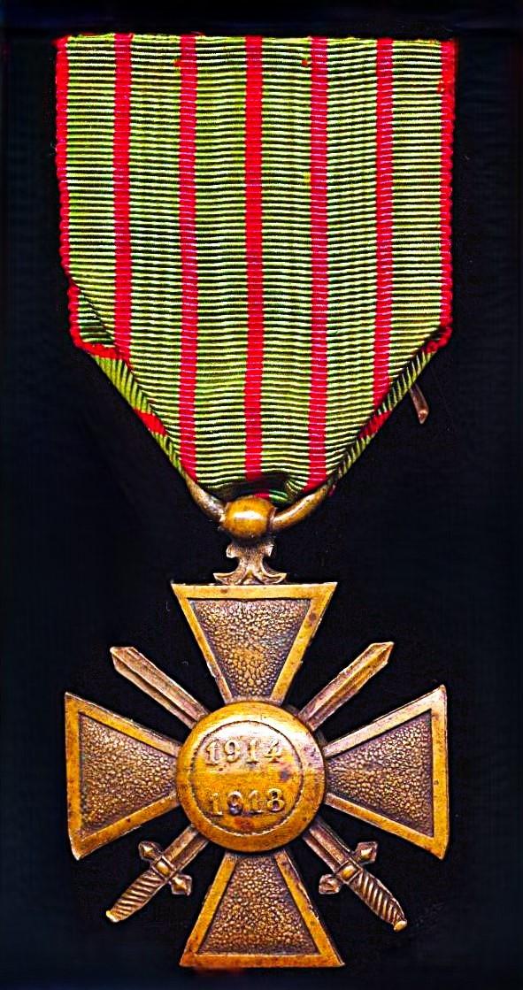 France: Cross of War 1914-1915 (Croix De Guerre 1914-1915). With 2 x Citation emblems (1 x Bronze Palm & Silver Star) on the riband. Reverse of cross dated 1914-1918