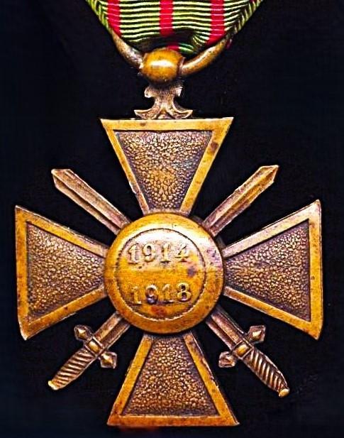 France: Cross of War 1914-1915 (Croix De Guerre 1914-1915). With 2 x Citation emblems (1 x Bronze Palm & Silver Star) on the riband. Reverse of cross dated 1914-1918