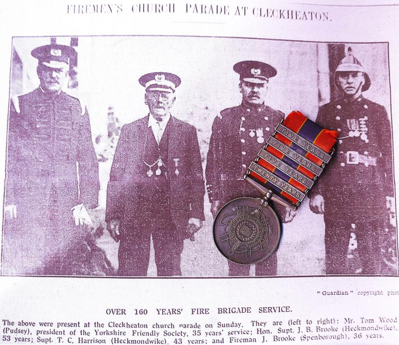National Fire Brigades Association. Silver 20 years long service medal, with integral 'Twenty Years' bar, and 3 x further service '5 Years' bars. Officially numbered & named (3582 Joseph B. Brooke.)