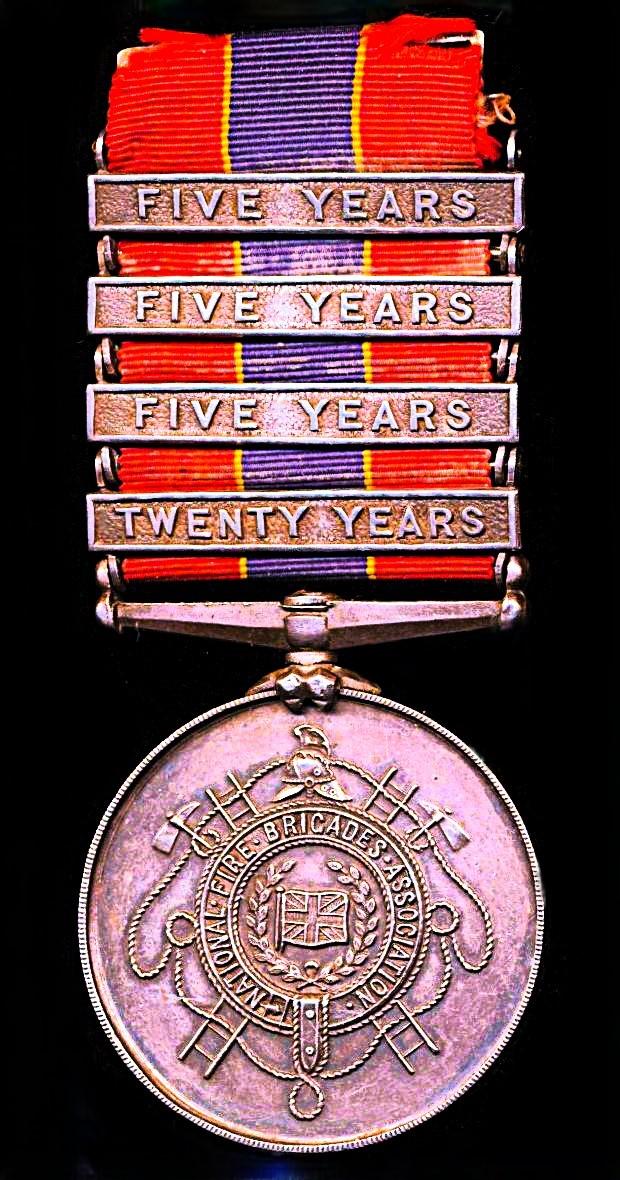 National Fire Brigades Association. Silver 20 years long service medal, with integral 'Twenty Years' bar, and 3 x further service '5 Years' bars. Officially numbered & named (3582 Joseph B. Brooke.)