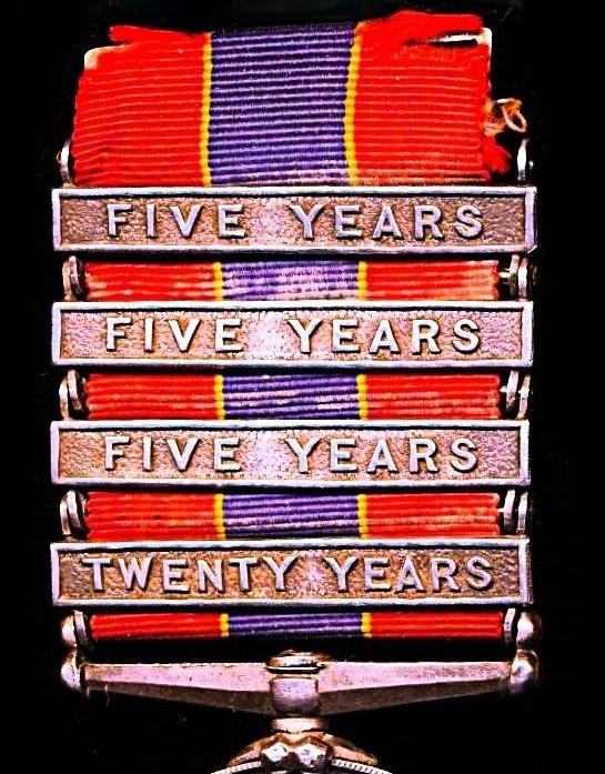 National Fire Brigades Association. Silver 20 years long service medal, with integral 'Twenty Years' bar, and 3 x further service '5 Years' bars. Officially numbered & named (3582 Joseph B. Brooke.)