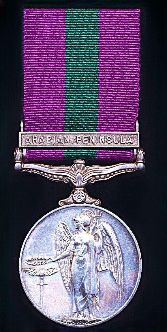 General Service Medal 1918. EIIR issue with clasp 'Arabian Peninsula' (23736172 Fus. R. R. Nisbet. R.H.F.) 