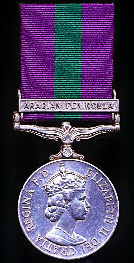 General Service Medal 1918. EIIR issue with clasp 'Arabian Peninsula' (23643633 Fus. W. B. Myles. R.H.F.)