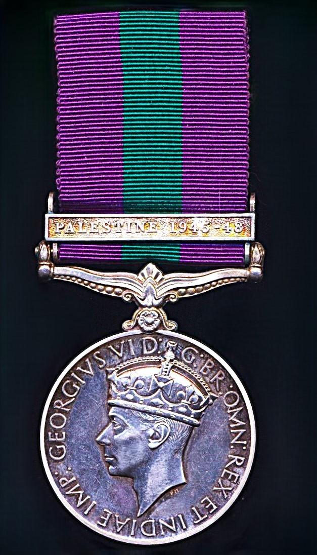 General Service Medal 1918-62. GVI 1st issue with clasp 'Palestine 1945-48' (19154482 Sigmn. K. Blackley. R. Sigs.)