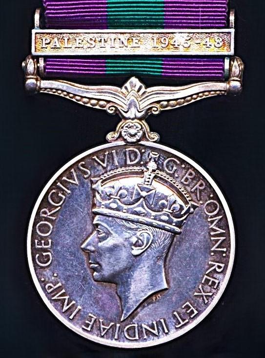 General Service Medal 1918-62. GVI 1st issue with clasp 'Palestine 1945-48' (19154482 Sigmn. K. Blackley. R. Sigs.)