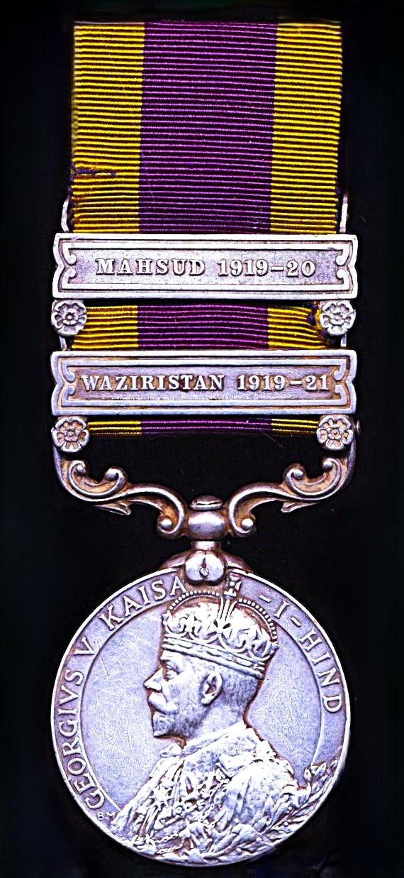 India General Service Medal 1908-35. GV first type. Silver issue, with 2 x clasps 'Waziristan 1919-21' & 'Mahsud 1919-20' (13 Barber Kirpa Ram 2. K. Rfls.)