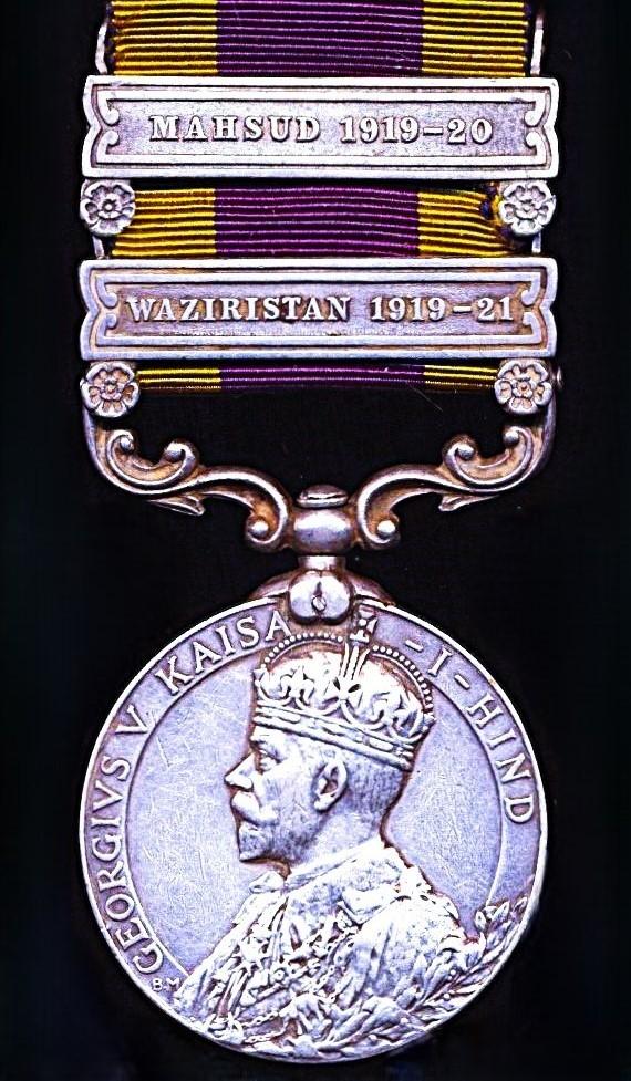 India General Service Medal 1908-35. GV first type. Silver issue, with 2 x clasps 'Waziristan 1919-21' & 'Mahsud 1919-20' (13 Barber Kirpa Ram 2. K. Rfls.)