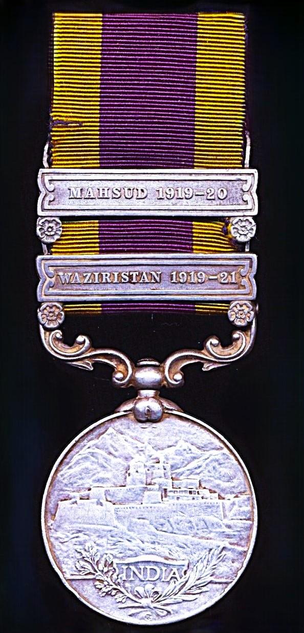 India General Service Medal 1908-35. GV first type. Silver issue, with 2 x clasps 'Waziristan 1919-21' & 'Mahsud 1919-20' (13 Barber Kirpa Ram 2. K. Rfls.)
