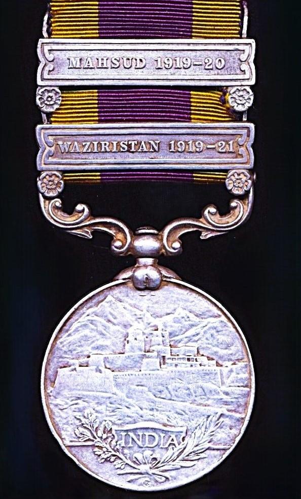 India General Service Medal 1908-35. GV first type. Silver issue, with 2 x clasps 'Waziristan 1919-21' & 'Mahsud 1919-20' (13 Barber Kirpa Ram 2. K. Rfls.)