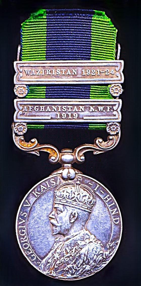 India General Service Medal 1908-35. GV first type. Silver issue, with 2 x clasps 'Afghanistan N.W.F. 1919' & 'Waziristan 1921-24' (653 Rfmn. Manbahadur Khattri, 1-2 Grks.)