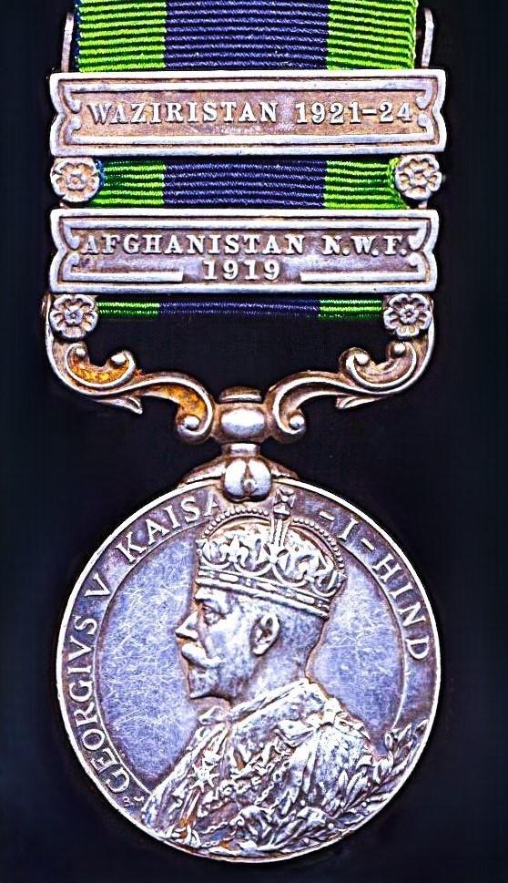 India General Service Medal 1908-35. GV first type. Silver issue, with 2 x clasps 'Afghanistan N.W.F. 1919' & 'Waziristan 1921-24' (653 Rfmn. Manbahadur Khattri, 1-2 Grks.)