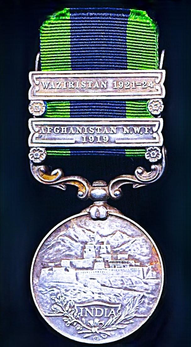 India General Service Medal 1908-35. GV first type. Silver issue, with 2 x clasps 'Afghanistan N.W.F. 1919' & 'Waziristan 1921-24' (653 Rfmn. Manbahadur Khattri, 1-2 Grks.)