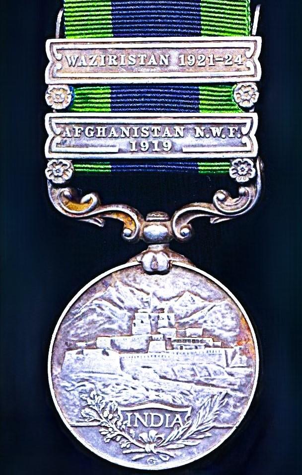 India General Service Medal 1908-35. GV first type. Silver issue, with 2 x clasps 'Afghanistan N.W.F. 1919' & 'Waziristan 1921-24' (653 Rfmn. Manbahadur Khattri, 1-2 Grks.)