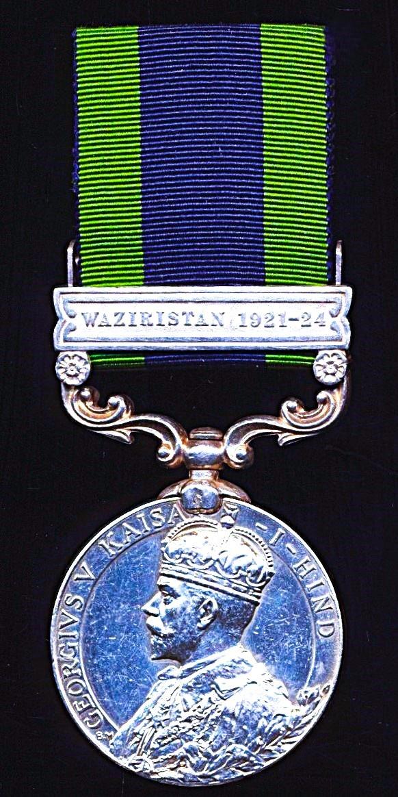 India General Service 1908-35. GV first type. Silver issue, with clasp 'Waziristan 1921-24 (2-Lt. E. G. Bushell. 5-6 Raj. Rif.)