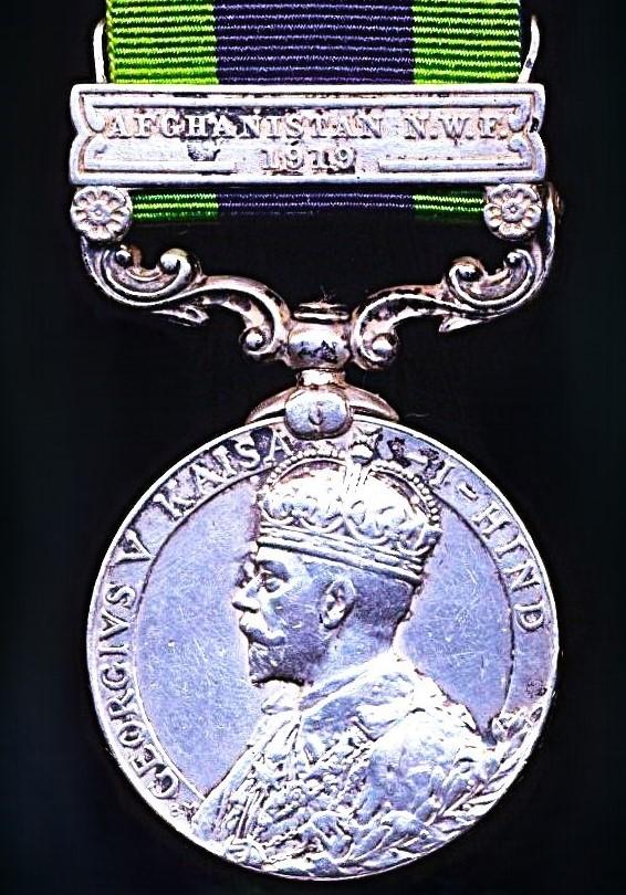 India General Service Medal 1908-35. GV first type. Silver issue, with clasp 'Afghanistan N.W.F. 1919' (199 Rfmn. Newal Sing Ghale, 1-4 Grks.)