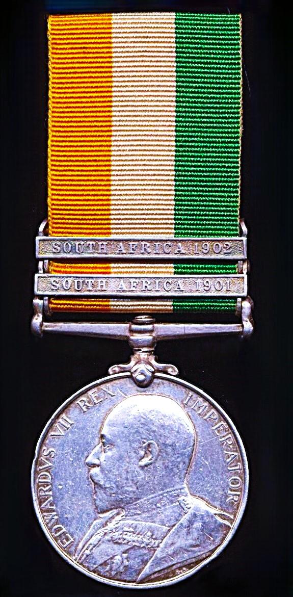 King's South Africa Medal. With 2 x clasps 'South Africa 1901' & 'South Africa 1902' (4205 Pte. G. Jones. Rl: Scots Fus:)