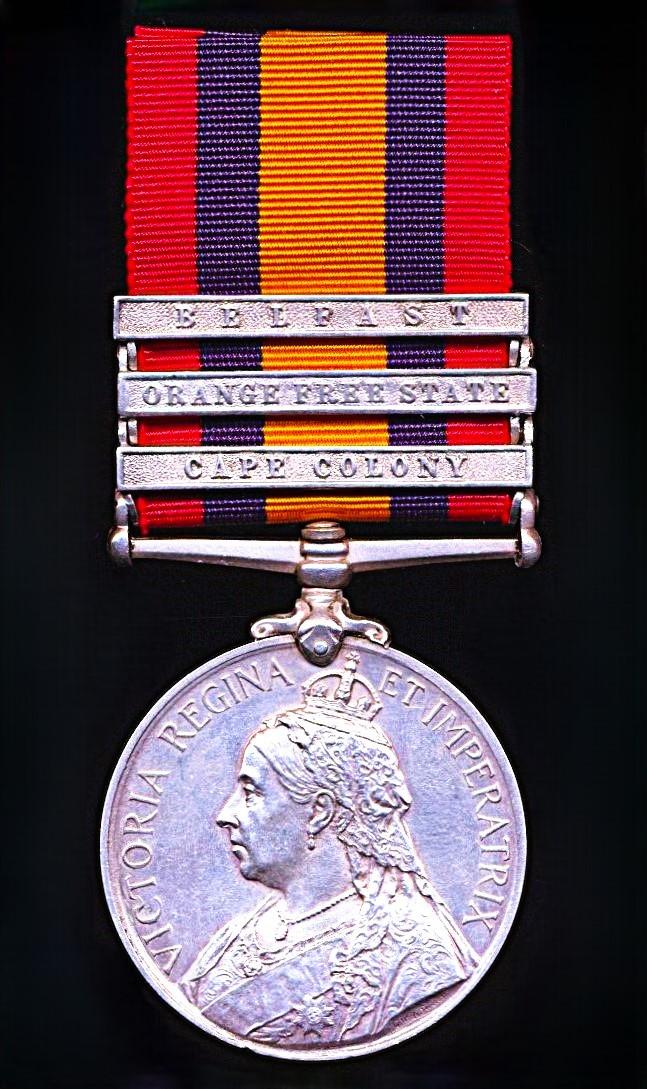 Queens South Africa Medal 1899-1902. Silver issue with clasp 'Cape Colony', 'Orange Free State' & 'Belfast' (8312 Pte. A. Abbott. Gren: Gds:)