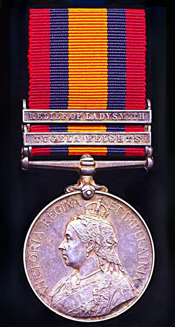 Queens South Africa Medal 1899-1902. Silver issue with  2 x clasps 'Tugela Heights' & 'Relief of Ladysmith' (2042 Tpr: E. Ferguson. Natal Police)