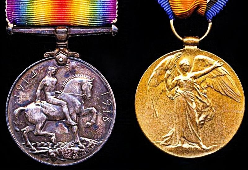 A Great War Western Front 'German Spring Offensive' Casualty medal pair: Private Frederick 'Fred' Shore, 9th (Service) Battalion Cheshire Regiment attached to 56th Trench Mortar Battery