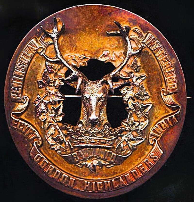 Gordon Highlanders: Officer's silver (not H/M) plaid brooch badge. Circa 1881-1915, with 'Kirkwood, Edinburgh' makers marks