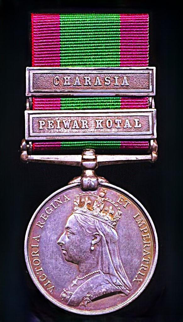 Afghanistan War Medal 1878-80. With 2 x clasps 'Peiwar Kotal' & ' Charasia' (906 Gr. J.W. Wilson F/A R.H.A.)