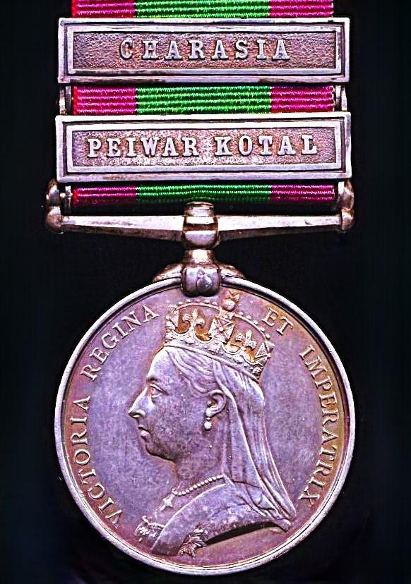 Afghanistan War Medal 1878-80. With 2 x clasps 'Peiwar Kotal' & ' Charasia' (906 Gr. J.W. Wilson F/A R.H.A.)