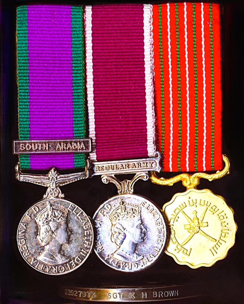 A positively attributed miniature medal group of 3 for South Arabia & Sultanate of Oman service: Sergeant K. H. Brown, Royal Signals later Sultan's Armed Forces (Oman)