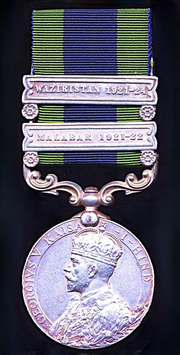 India General Service Medal 1908. GV first type silver issue with 2 x clasps 'Malabar 1921-1922' & 'Waziristan 1921-24' (417 Rfmn. Jodh Sing Negi, 1-18 R. Garh Rfls.)