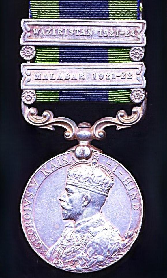 India General Service Medal 1908. GV first type silver issue with 2 x clasps 'Malabar 1921-1922' & 'Waziristan 1921-24' (417 Rfmn. Jodh Sing Negi, 1-18 R. Garh Rfls.)